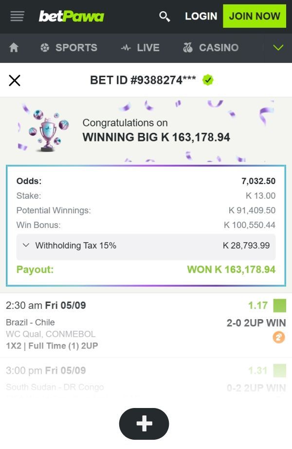 betPawa ZM BIG winner Shadreck betslip preview